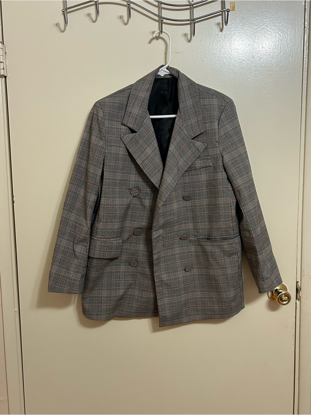 Double-Breasted Plaid Blazer in Gray and Brown Tones